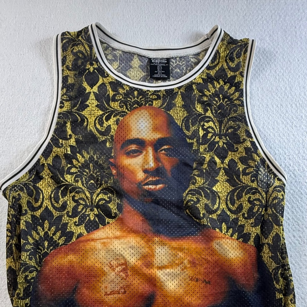 Tupac Basketball Jersey Mens Large Gold Black Damask Graphic Mesh Tank Top